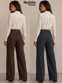 Set Of 2 Tailored Wide Leg High-Waisted Palazzo Pants, Elegant, With Front Button - 1 BLACK 1 COFFEE - View 2