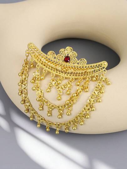 1pc Vintage Gold-Tone Women's Hair Clip, Zinc Alloy Plated, Hollow Crescent Moon Design, Multi-Layer Bells & Tassel Pendant, Suitable For Arabian Wedding, Party, Holiday Wear