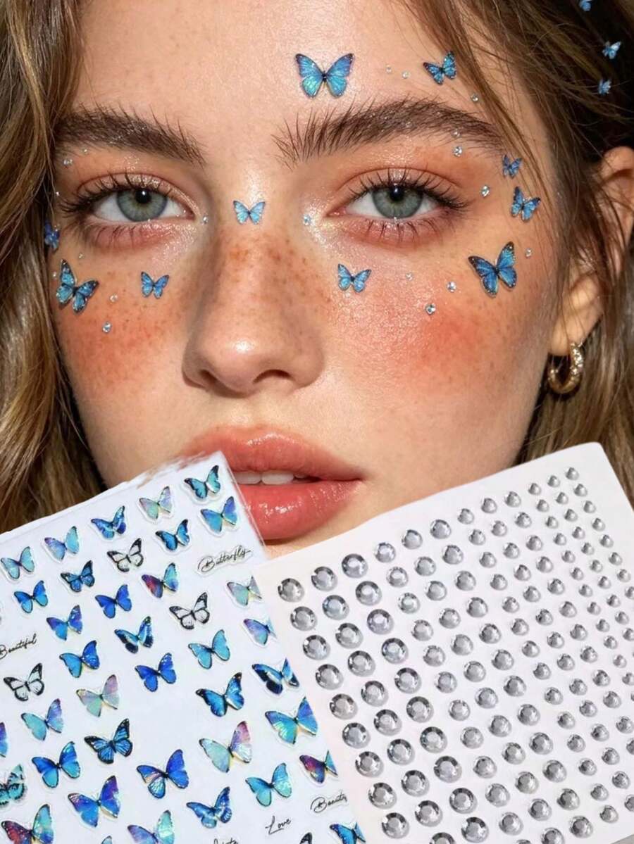 1pc Iridescent Blue Butterfly Face Sticker, Paired With High-Transparency Rhinestones To Create A Translucent Atmosphere Makeup, Waterproof And Long-Lasting, Suitable For Stage Makeup, Parties, And Selfie Decoration - Multicolor - View 1