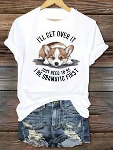 1 Piece Of Women's Casual Short-Sleeved Crew Neck T-Shirt From The  Sports Series, Featuring A Cute Corgi Print And The Phrase "I'll Get Through This, I Just Need To Work Harder," 100% Cotton. Women's Warm Clothing - 白色 - 查看 1