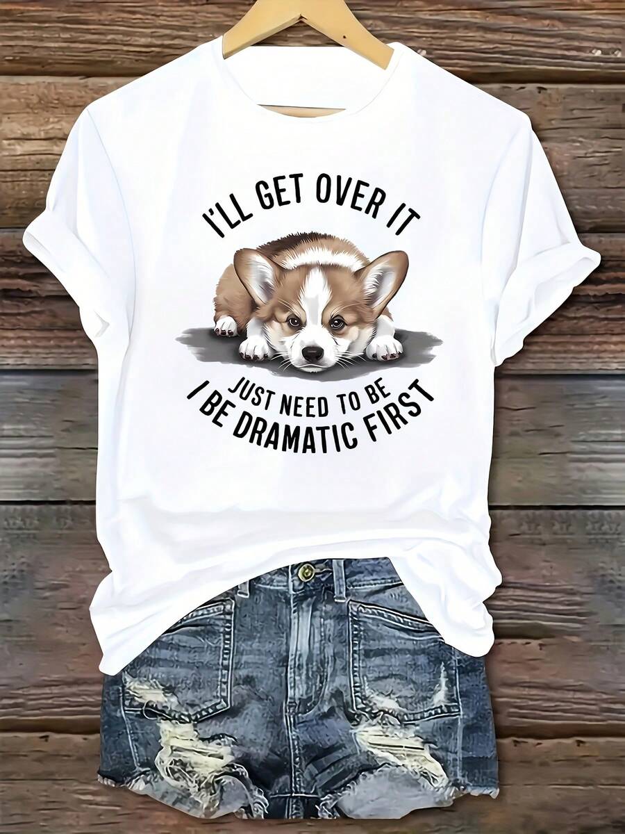 1 Piece Of Women's Casual Short-Sleeved Crew Neck T-Shirt From The Sports Series, Featuring A Cute Corgi Print And The Phrase "I'll Get Through This, I Just Need To Work Harder," 100% Cotton. Women's Warm Clothing - 白色 - 查看 1
