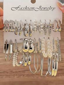 6-18pairs New Spiral Hoop Earrings With Faux Pearl C-Shape Earring Sets - Big Circle - View 1