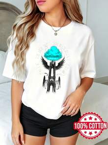 Camiseta de manga corta con cuello redondo y estampado para dama, verano Alas de castillo Nubes Cielo Magia S-3XL 100% aodón material transpirable - Blanco - Ver 2