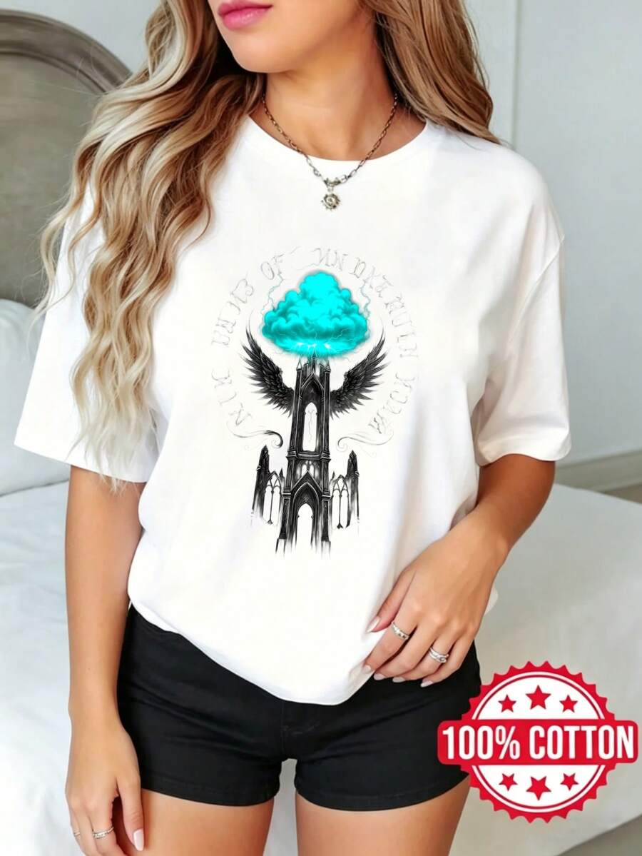 Camiseta de manga corta con cuello redondo y estampado para dama, verano Alas de castillo Nubes Cielo Magia S-3XL 100% aodón material transpirable