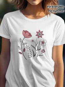 Premium Women's Floral T-Shirt, Soft And Breathable, Short Sleeve, With Red And Pink Flower Bouquet Print, Casual Loose Fit, Suitable For Everyday Wear In Spring, Summer, And Autumn, Machine Washable, White T-Shirt, Perfect For Outdoor Picnics, Cute. New Arrival - 白色 - 查看 3