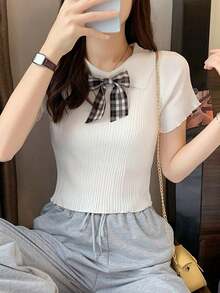 Blusa de mujer Camiseta de punto de manga corta con cuello de muñeca y lazo estilo coreano de verano para mujer, corta, con abdomen al aire, de fibra de hielo elástica - Blanco - Ver 5