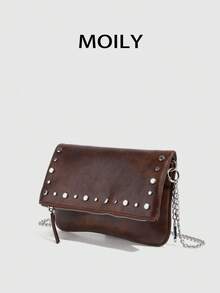1pc Rivet Design Shoulder Crossbody Square Bag, PU Material, Metal Chain, Zipper Closure, Suitable For Shopping, Dating, Commuting, Party, Gift Giving - Brown - View 10