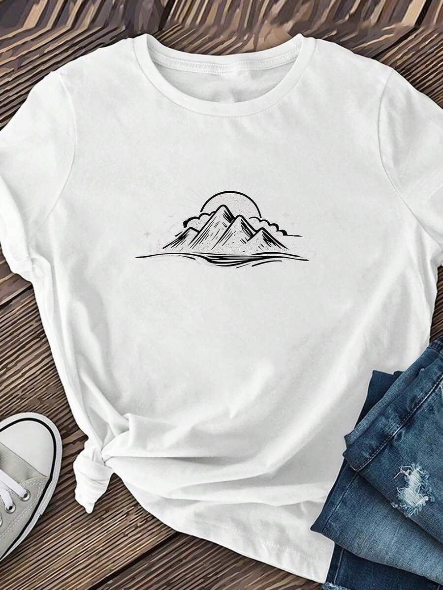 Short-Sleeved T-Shirt With Classic Black And White Mountain Landscape And Sunrise Line Art Print, Regular Length, Casual Style, Round Neck For Spring/Summer, Suitable For Shopping, College Life, Autumn/Winter Essential Product, Hit Of . - 白色 - 查看 1