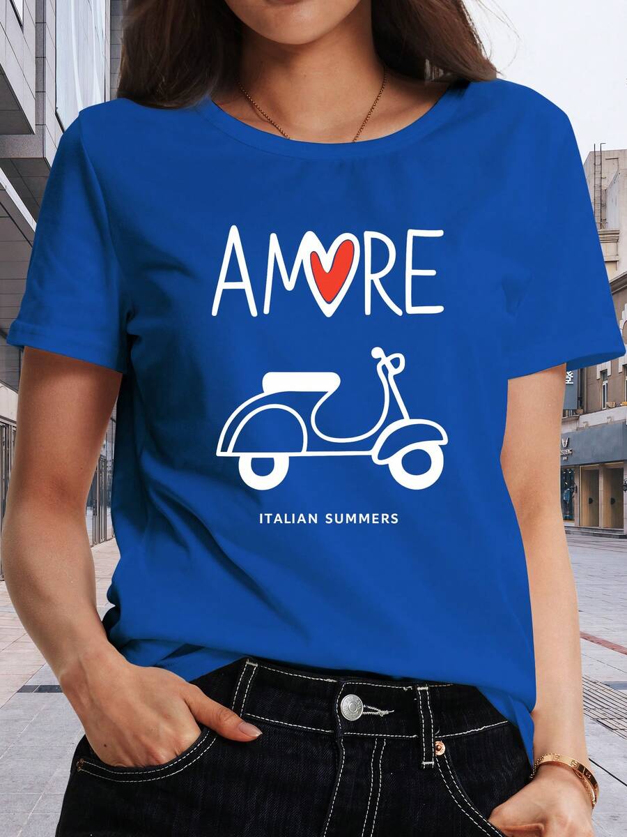 ClassicAMORE Short Sleeve Printed T-Shirt With Round Neck, Spring And Summer Top For Women, Suitable For Daily Outings, An Autumn And Winter Must-Have Item, Holiday Fashion, Bestseller. - 藍色 - 查看 1