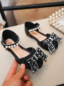 Girls' Soft Sole Flat Sandals With Pearl & Bowknot Decor, Breathable & Rhinestone Embellished - Black - View 1