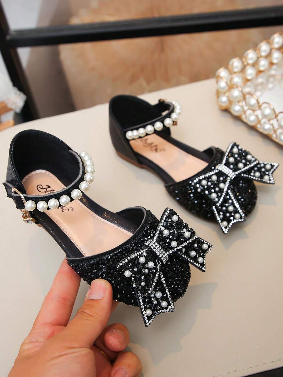 Girls' Soft Sole Flat Sandals With Pearl & Bowknot Decor, Breathable & Rhinestone Embellished - Black - View 1