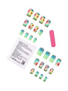 24Pcs Short Press On Nails Flower Fake Nails Spring Summer Green Floral Glue On Nails Gold Glitter Cute Flower False Nails Full Cover Acrylic Stick On Nails For Women Girls Nail Art Decorations - Multicolor - View 7