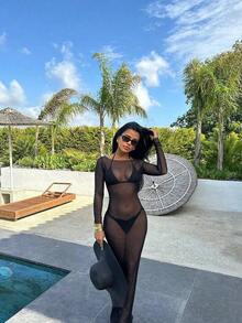 Vestido de manga larga con hombros descubiertos, de malla transparente y ajustado al Body, elegante para el verano - Negro - Ver 5