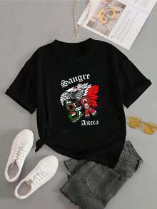1 Piece Of Women's Blouse, Beautiful Blouses For Women, Women's Clothing Sets, High-Quality Black And White  T-Shirt With Skull And Eagle Print, Round Neck, Basic Loose Fit, Breathable, Versatile, Machine Washable, Comfortable, Size S-3XL, Essential For Daily, Casual And Sporty Summer Wear. - 黑色 - 查看 4