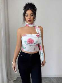 Top de camisola plisado con decoración de bufanda de malla elegante para mujeres - Rosa - Ver 8