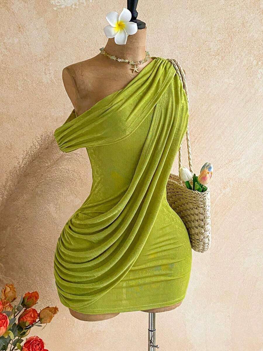 Vestido mini asimétrico con pliegues en el hombro para mujer, adecuado para vacaciones de primavera/verano - Verde - Ver 1