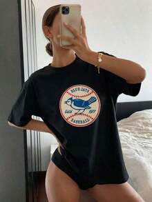 Women's Clothing EST 1977 Toronto Baseball T-Shirt For Men - Thick Cotton With Retro Logo And Maple Leaf Design, Regular Fit Short Sleeve Sporty Casual Wear. Women's Shirts - 黑色 - 查看 2