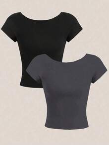 2 piezas Camiseta corta y ajustada casual de mujer con cuello redondo y espalda descubierta, para verano - Multicolor 14 - Ver 2