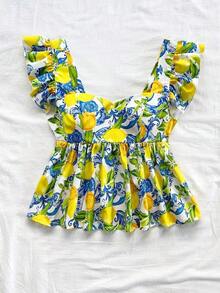 Nueva blusa campesina bohemia de verano con volantes y estampado de limón, para mujeres - Amarillo - Ver 4