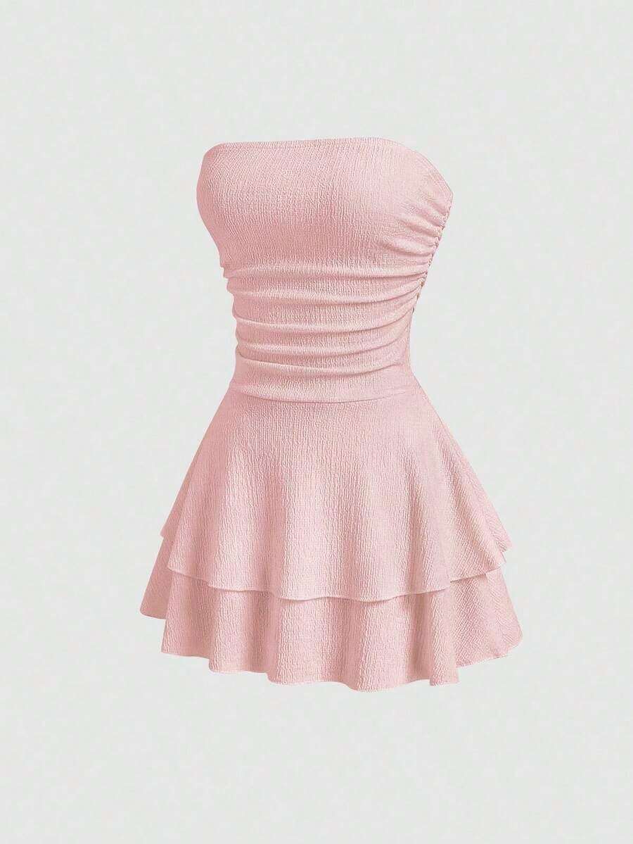Vestido mini de punto sin tirantes de unicolor minimalista para mujer, vestido de pastel de múltiples capas - Rosa Pálido - Ver 1