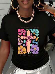 CasualEast Women's Short Sleeve T-Shirt With Cross Design And Christian Easter Theme, Modern And Casual, Round Neck And Loose Fit. - 黑色 - 查看 3