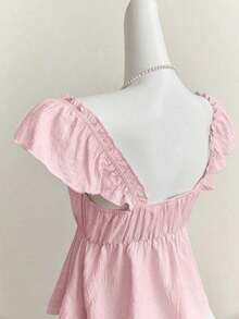 Top corto de camisola con escote bajo y espalda descubierta, con manga tipo gorra y volantes en azul, diseño sexy - Rosa - Ver 3