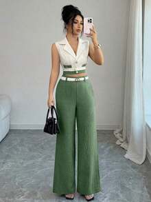 Conjunto de blazer corto sin mangas de color contrastante y pantalones rectos elegantes de estilo de oficina para mujer, atuendo profesional de oficina, vestimenta de maestra, ropa para ir y venir y uso casual - Verde - Ver 4