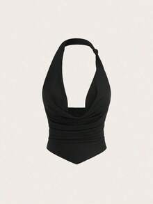 Blusa de punto con cuello drapeado sexy en color borgoña para mujeres - Negro - Ver 3