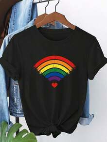 Camiseta de manga corta para mujer. Conjuntos de verano para mujer: 1 prenda de ropa de verano para mujer, camiseta negra de manga corta con estampado de corazóníris, top casual de cuello redondo, lavable aáquina, adecuada para primavera y otoño, transpirable y no se deforma fácilmente, un nuevo artículo de moda para el verano y un regalo para las vacaciones. - Negro - Ver 6