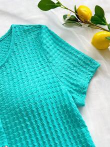 Blusa casual de mujer con manga corta, bordado de malla y lazo con botón - verde menta - Ver 4
