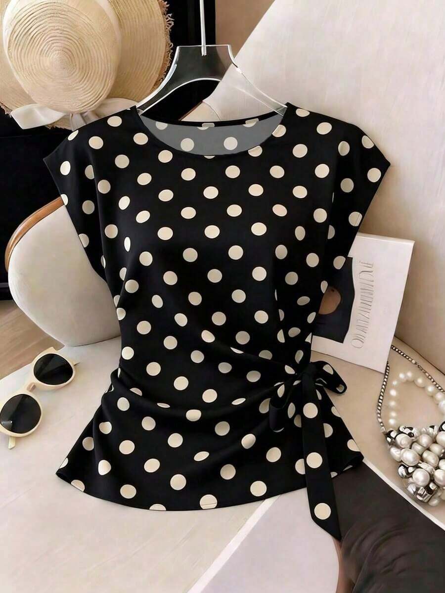 Nueva camiseta de satén de verano para mujer con cuello redondo y lunares elegante - Negro - Ver 1