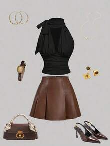 Blusa elegante y chic de unicolor con cuello plisado y recortado, ajustada, para el verano - Negro - Ver 3