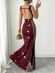 YHHSHEIN Raffinéa Vestido de verano nuevo para mujer, dorado brillante y negro, con cuello cuadrado, tirantes de espagueti, espalda descubierta, bajo con abertura, ajustado de cintura alta, adecuado para fiestas, bodas, banquetes de negocios, ocasiones diarias, galas, fiestas de boda y atuendos festivos. YHH - Rojo - Ver 2