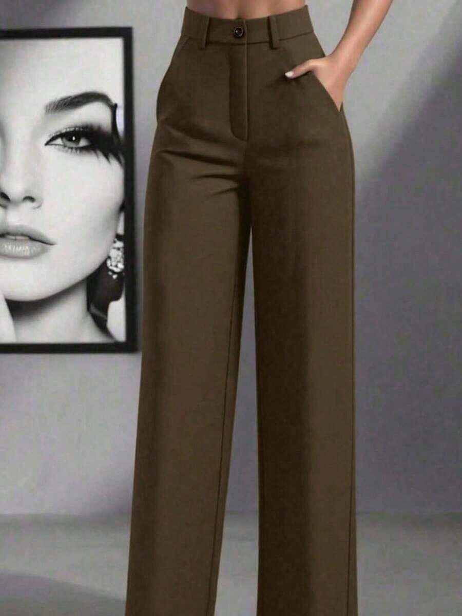 Pantalones de traje minimalistas de oficina de pierna ancha y recta de cintura alta para mujer - Marrón - Ver 1