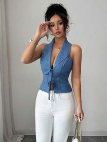 camisa sin mangas para ir al trabajo y de vacaciones con cuello vuelto, lazo y estampado floral 3D, color azul - Azul 2 - Ver 5