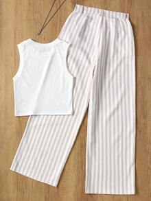 Conjunto de chaleco y pantalones a rayas casuales con cintura para mujer, adecuado para la oficina y el jardín, primavera/verano blanco elegante - Blanco - Ver 3