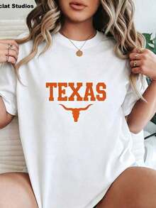 Camiseta de manga corta para mujer, de gran tamaño, negra, con estampado gráfico de Texas Longhorns, para uso diario informal. Camisetas gráficas para mujer, camiseta de algodón negra con estampado gráfico, camisetas blancas, camisetas divertidas, camisetas vintage, ropa, tops, estilo streetwear, cómoda, de cuello redondo, de algodón, 100% algodón. - Blanco - Ver 5