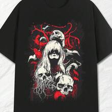 Camiseta de hombre con estampado de calaveras góticas - Diseño de fantasía oscura, calaveras rojas y blancas sobre fondo negro,% tela suave y transpirable, manga corta, cuello redondo, estilo casual y vanguardista, adecuada para uso diario y fiestas, se puede usar durante todo el año. - Negro - Ver 6