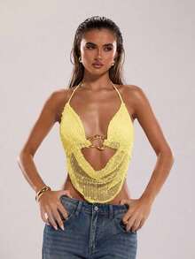 Top sin espalda con halter bordado de encaje y cuentas, apropiado para vacaciones en la playa - Amarillo - Ver 5