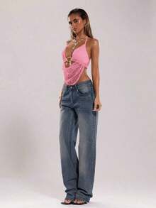 Top sin espalda con halter bordado de encaje y cuentas, apropiado para vacaciones en la playa - Rosa Pálido - Ver 7