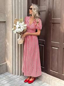 Vestido midi de corte evasé con cuello en V, mangas con volantes y cintura ceñida con estampado de cuadros para mujer - Multicolor - Ver 6