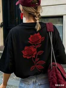 Camiseta casual para mujer, con estampado de anatomía del cerebro y el corazón, corte holgado y oversize, estilo urbano de cuello redondo y manga corta, adecuada para ir al trabajo, viajes por la ciudad, salidas de verano, reuniones con amigos y brunch de fin de semana - Rojo y negro - Ver 1