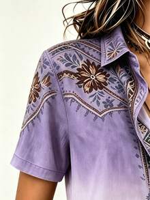 Women's Plus Size Button-Up Short Sleeve Shirt Blouse, Lightweight 3D Print Summer - Mauve Purple - View 4