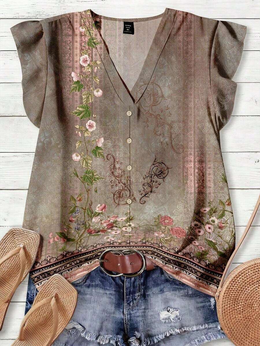 Blusa casual con cuello en V, estampado floral y volante en el bajo, adecuada para el verano - Multicolor 2 - Ver 1