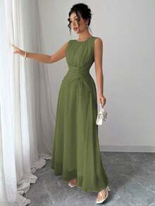 Vestido maxi casual, romántico, vintage y elegante de gasa para mujer con cordón en la cintura, para la playa, el té de la tarde, fiestas de noche, uso diario, sin mangas, de unicolor, vestido largo, primavera/verano - Verde militar - Ver 6