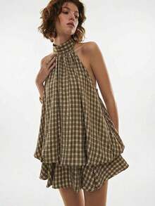 Vestido corto de verano para mujer con cuello halter, espalda descubierta y volantes con estampado de cuadros - Marrón - Ver 4