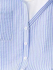 Camisa de mujer casual de manga corta raglán a rayas texturizada azul y blanca, de verano - Multicolor - Ver 6