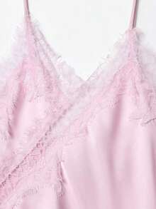 Camiseta de tirantes de mujer con parches de encaje y bajo asimétrico, versátil para citas y fiestas, de verano - Rosa - Ver 5