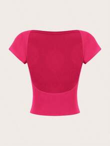 Camiseta casual de mujer de cuello de pico, manga corta y ajustada, versátil - Rosa Fucsia - Ver 7