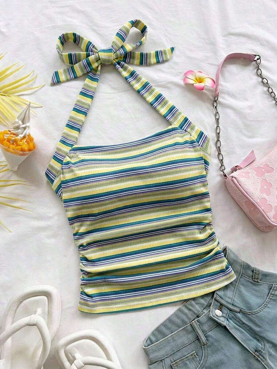 Parte superior corta ajustada con cuello de halter casual para vacaciones de mujer, verano de mujer, sin espalda, ropa de vacaciones de mujer, lunares, primavera de mujer, verano, parte superior para salir de mujer, vacaciones de mujer - Amarillo - Ver 1